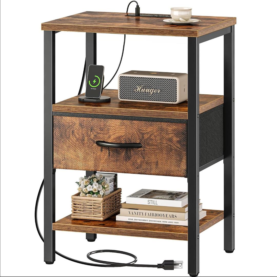 SUPERJARE Nightstand with Charging Station, Bed Side Table with Adjustable Fabric Drawer, Night Stand for Bedroom, 3-Tier Storage End Table, for Living Room, Rustic Brown