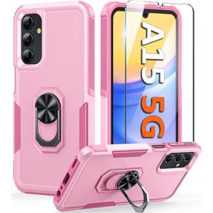 FNTCASE for Samsung Galaxy A15-5G Case: Dual Layer Shockproof Protective Cell Phone Cover with Magnetic Kickstand | Military Grade Drop Proof Protection | Hybrid Matte Textured Rugged Hard Phonecase (Rose Pink)