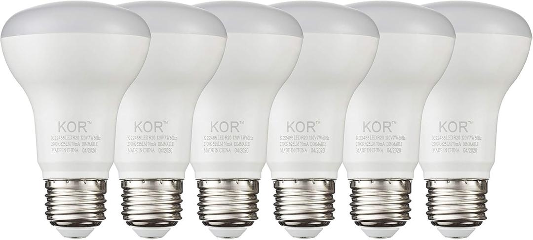 KOR (6 Pack) 7W LED R20 Reflector Light Bulb (50W Equivalent), Dimmable, 550 Lumens, UL & Energy Star, Standard E26 Base, BR20 LED Flood Light Bulbs for Recessed Can Use (2700K (Warm White))