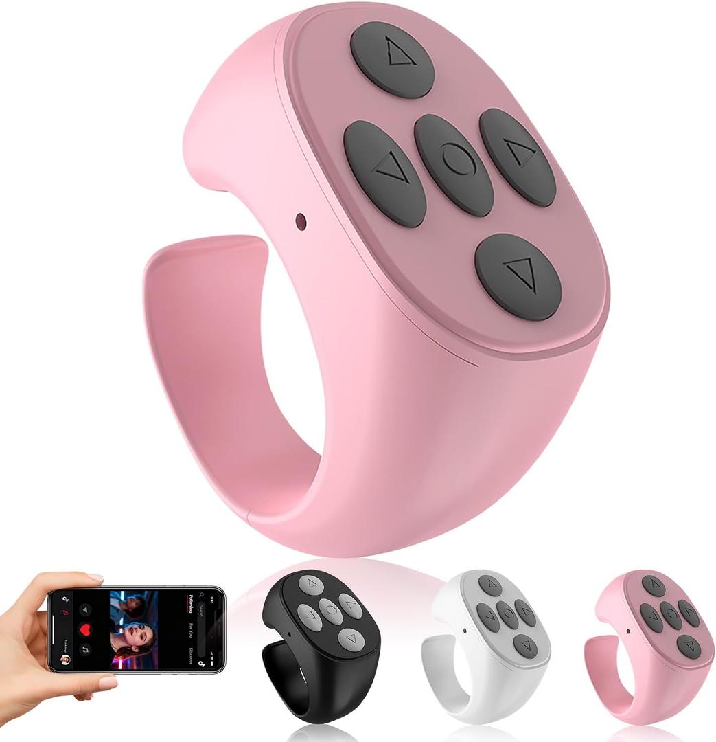 Fingertip Wireless Bluetooth Remote Control, Scrolling Ring Bluetooth Page Turner for Cooking, Yoga, or Running, for Short Video Music, Compatible with iPhone & Android, Pink