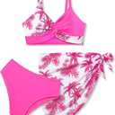 Girls Swimsuit, Bathing Suits 3 Piece Tropical Floral Twist Cross Bikini Sets Girls' Swimwear with Cover Up Skirt 7-16T (9-10, Pink Palm)