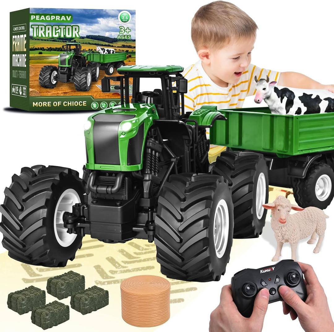 Peagprav Remote Control Tractor Toy with RC Trailer -23.6 Inches 1/16 Scale RC Monster Truck- 2.4GHz Toddlers Farm Vehicle Toys Set for Boys Girls Kids Ages 3-8 Year Old Birthday Gift, 12 inches x 4 inches x 5 inches