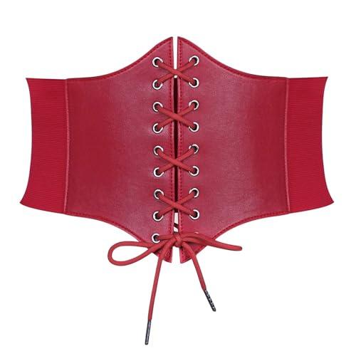SUOSDEY Red Corset Belt for Women, Vintage Lace-up Elastic Waist, Tied Waspie Wide Belt for Halloween Costume S/M