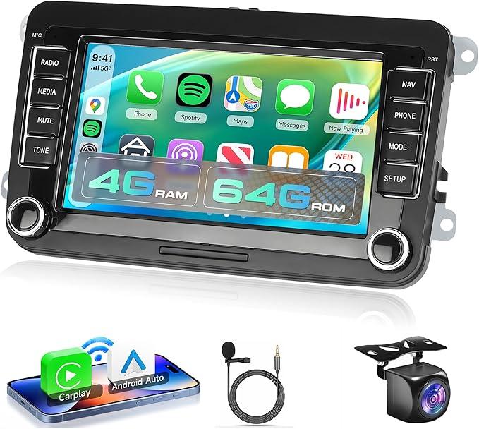 4G+64G Rimoody Wireless CarPlay Radio for VW Passat Jetta Tiguan Golf MK5 MK6 T5 EOS Polo, Android Car Stereo 7 Inch Touch Screen Android Auto GPS Navigation WiFi Bluetooth FM SWC Backup Camera