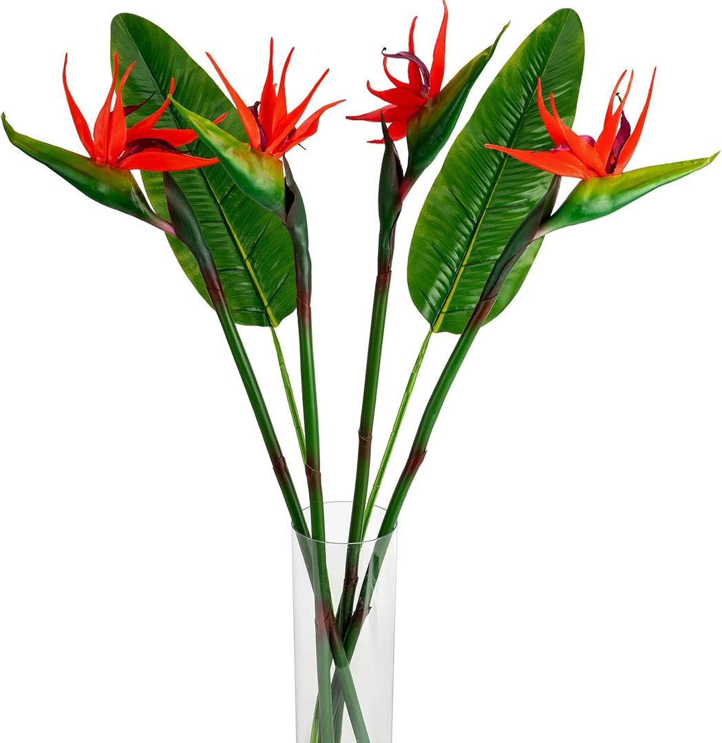 Artificial Bird of Paradise Flowers Real Touch 31.5'in Long Stem Flower 4 Pcs, with Bird of Paradise Leaves 33.5'in Long Stem Greenery Plants 2 Pcs,for Home Garden Wedding Party Decor (Red 6 Stems)