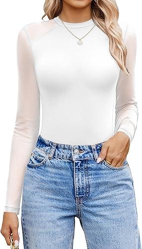Avidlove Women Long Sleeve Bodysuit Crew Neck Body Suits Mesh One Piece Leotards Shirt Going Out Bodysuit Tops, S