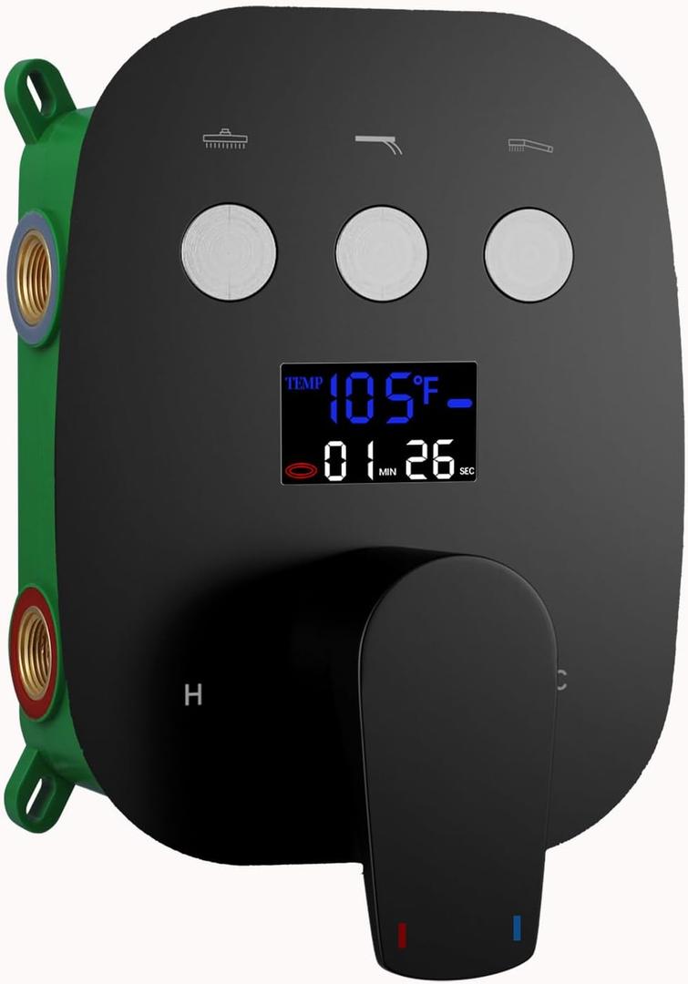 3 Way Matte Black 3 Function Shower Diverter Valve Temperature Control Display Push Botton Shower Diverter Pressure Balancing Modern Valve Trim Rough-In Mixing Shower Valve Kit (Use all options at once)