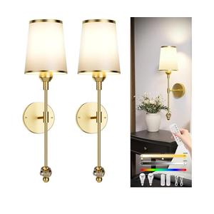 PAIHOME Gold Wall Sconces Set of Two, Wireless Battery Operated Wall Sconces with 5000mAh Dimmable 15 Colors Bulb and Remote, Rechargeable Wall Sconce for Bedroom Living Room Bathroom Hallway