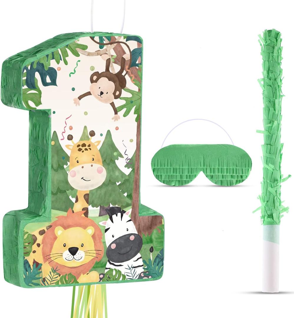Wild One Piata Number 1 Pull String Mini Piata with Blindfold Bat Confetti Wild One 1st Birthday Party Decorations Safari Jungle Party Supplies 16.1 x 10.9 x 2.76 Inch