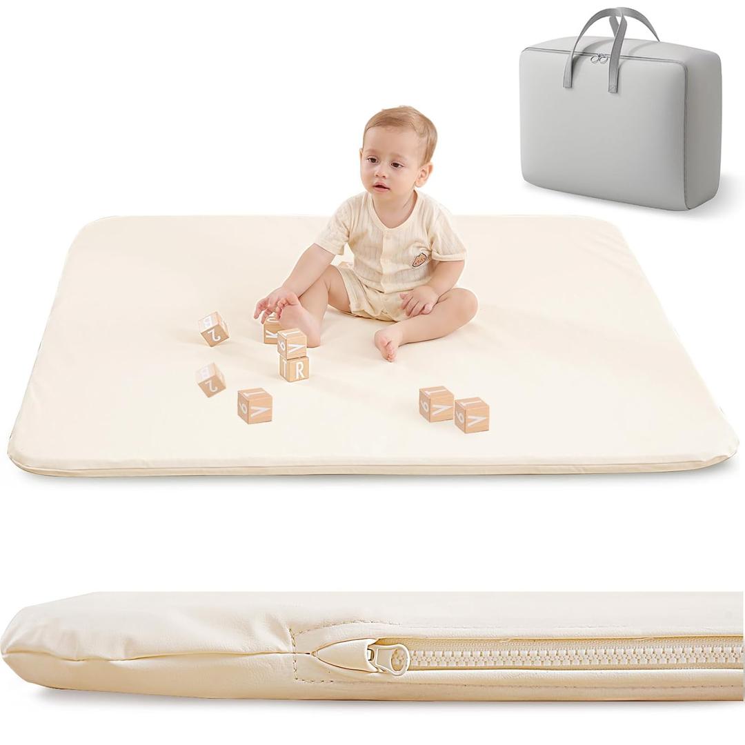 Padded Baby Play Mat for Your Boy or Girl - Extra Thick & Super Soft Vegan Leather Floor Mat Creates A Safe Play Area for Little Ones - Waterproof Crawling Mat for Baby Play on Floor (Beige)