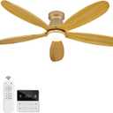 52 Inch Wood Ceiling Fans with Lights and Remote, Low Profile Flush Mount Modern Ceiling Fan with Light, 5 Blades, Dimmable, Wall Switch, Indoor Outdoor Black Ceiling Fan for Bedroom