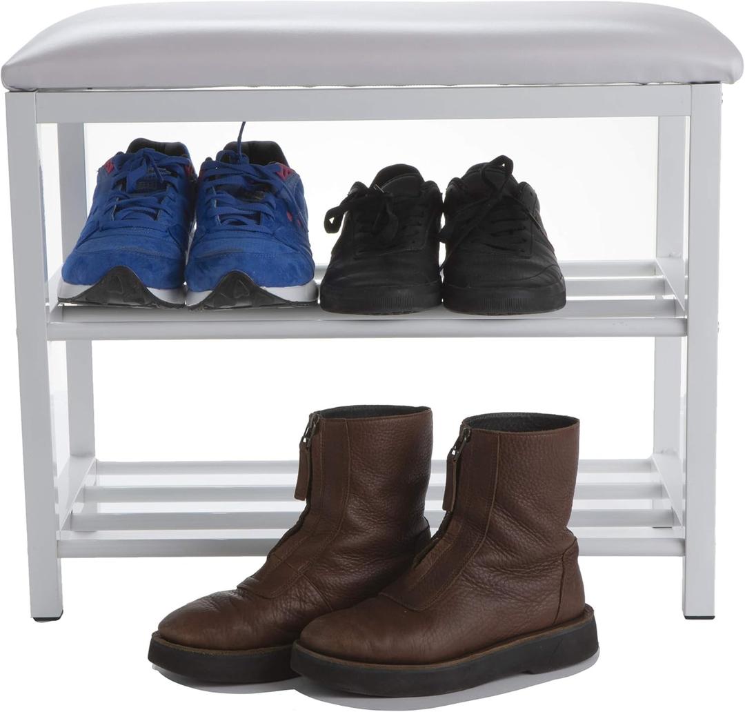 Mind Reader Shoe Bench, Shoe Organizer, Shoe Rack, Padded Bench, Storage, Entryway, Metal, 23.5" L x 11.8" W x 19.88" H, White