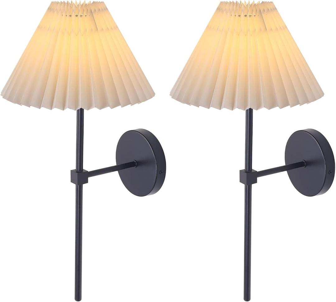 Wall Sconces Sets of 2, White Pleated Fabric lampshade Matte Black Wall Lamp, Column Bracket Wall Lighting, Bathroom Dresser Hardwired lamp Fixture, Applicable to Living Room, Bedroom and Dining Room| Black, 19.29 inches