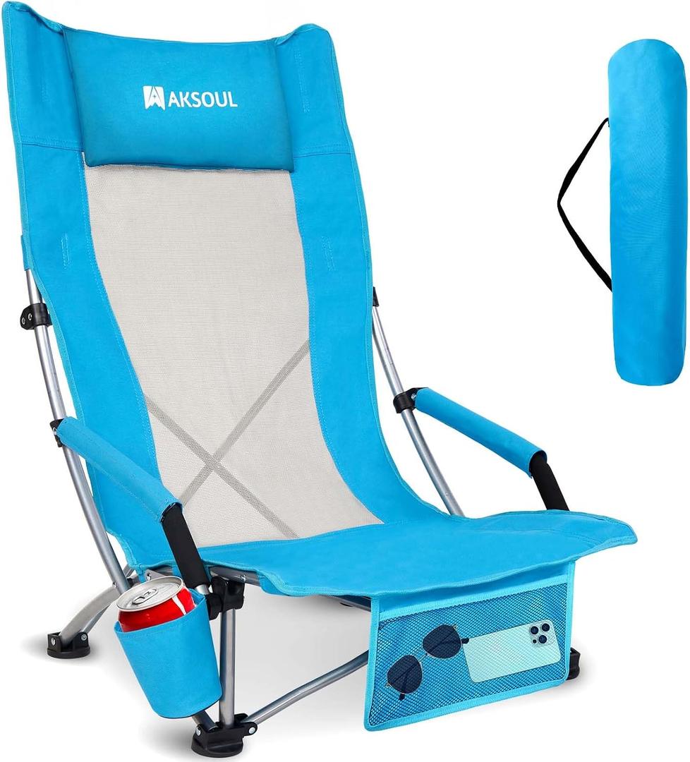 AKSOUL Folding Beach Chair for Adults: Low/High Back Chairs with Carry Bag - Extra Wide Seat Chair with Comfortable Pillow & Storage Pocket (1 Pack & 2 Pack, Blue), 24*24*34 inches