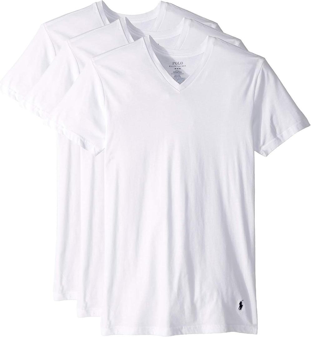 POLO Men's Slim Fit Cotton V-Neck Undershirt 3-Pack (X-Large, White/Cruise Navy Pony Print)