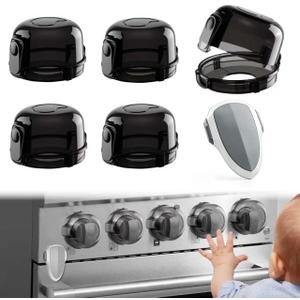 Stove Knob Safety Covers & Oven Lock for Child Baby Proofing Kitchen Universal Size Gas Knob Covers Clear View Childproof Oven Knob Covers for Kids and Pets (5packs +1locks) (Black)