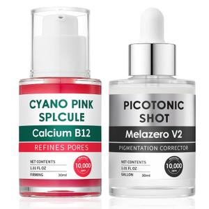 Cyano Pink Spicule Serum + Picotonic Shot Ampoule Duo, Brightening & Hydrating Facial Treatment, with Arbutin, Calcium, Anti-Aging & Glow Boosting Skincare Set for Radiant Skin