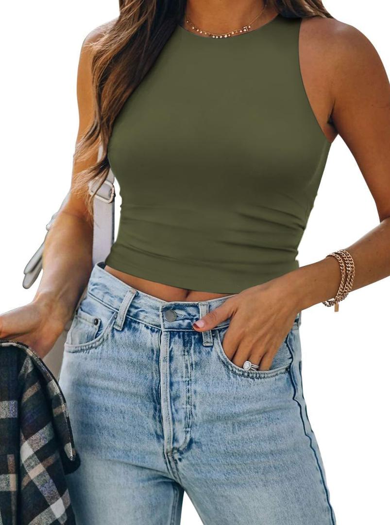 ATHMILE Womens Double Lined Crop Tank Tops Casual Basic Shirts Sleeveless Workout Tops Cute Summer Clothes Teen Girls (Medium, Olive Green)