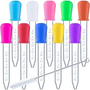 HiMo 10 Pack Liquid Pipettes Droppers Silicone 5ml Clear Medicine Eye Dropper for Kids with Bulb Tip & Clean Brush for Candy Mold, Gummy Bear, Gelatin Maker, Oil Science, Crafts Projects (10 Colors)