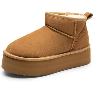 DREAM PAIRS FuzzyClassic Platform Mini Boots for Women Suede Genuine Leather, Classic Winter Ankle Snow Boots with Memory Foam Insole Lightweight Anti-Slip Outsole Outdoor (8.5, Chestnut)