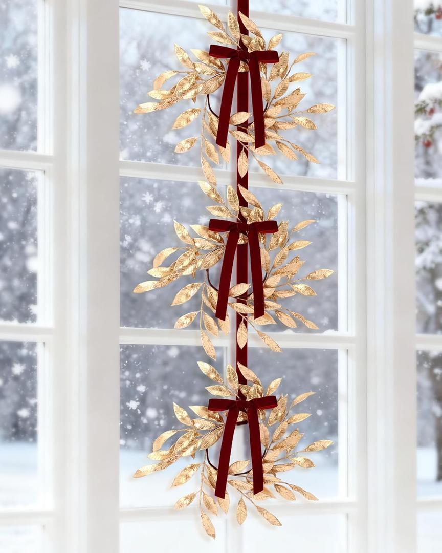 Suncalla Christmas Wreath String Set with 3 Pcs Hanging Gold Leaves Wreath Burgundy Velvet Ribbon Bow for Xmas Thanksgiving Farmhouse Window Fireplace Front Door Yard Decor (Set of 1)