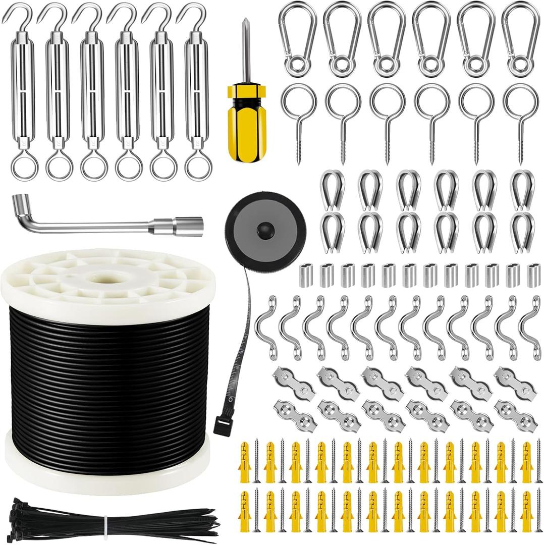 WAYSKA String Light Hanging Kit with 250FT Nylon Coated Stainless Steel 304 Wire Rope Cable Suspension Kit Included Enough Accessories, Turnbuckles and Hooks for Patio, Outdoor and Backyard Lighting