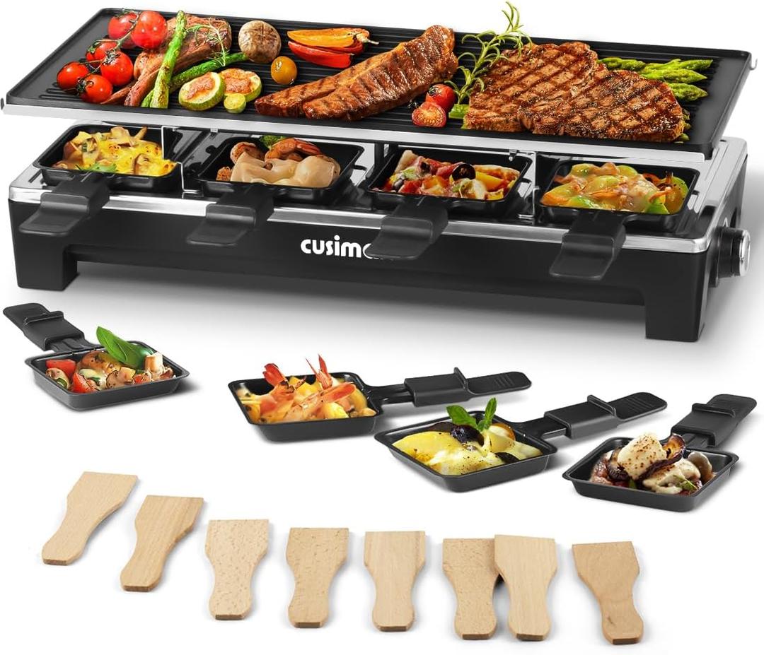 Raclette Table Grill, CUSIMAX Electric Grill, Indoor Grill Korean BBQ Grill With 2 in 1 Reversible Non-stick Plate, Crepe Maker with Adjustable temperature control, 8 Raclette Pans & Wooden Spatulas