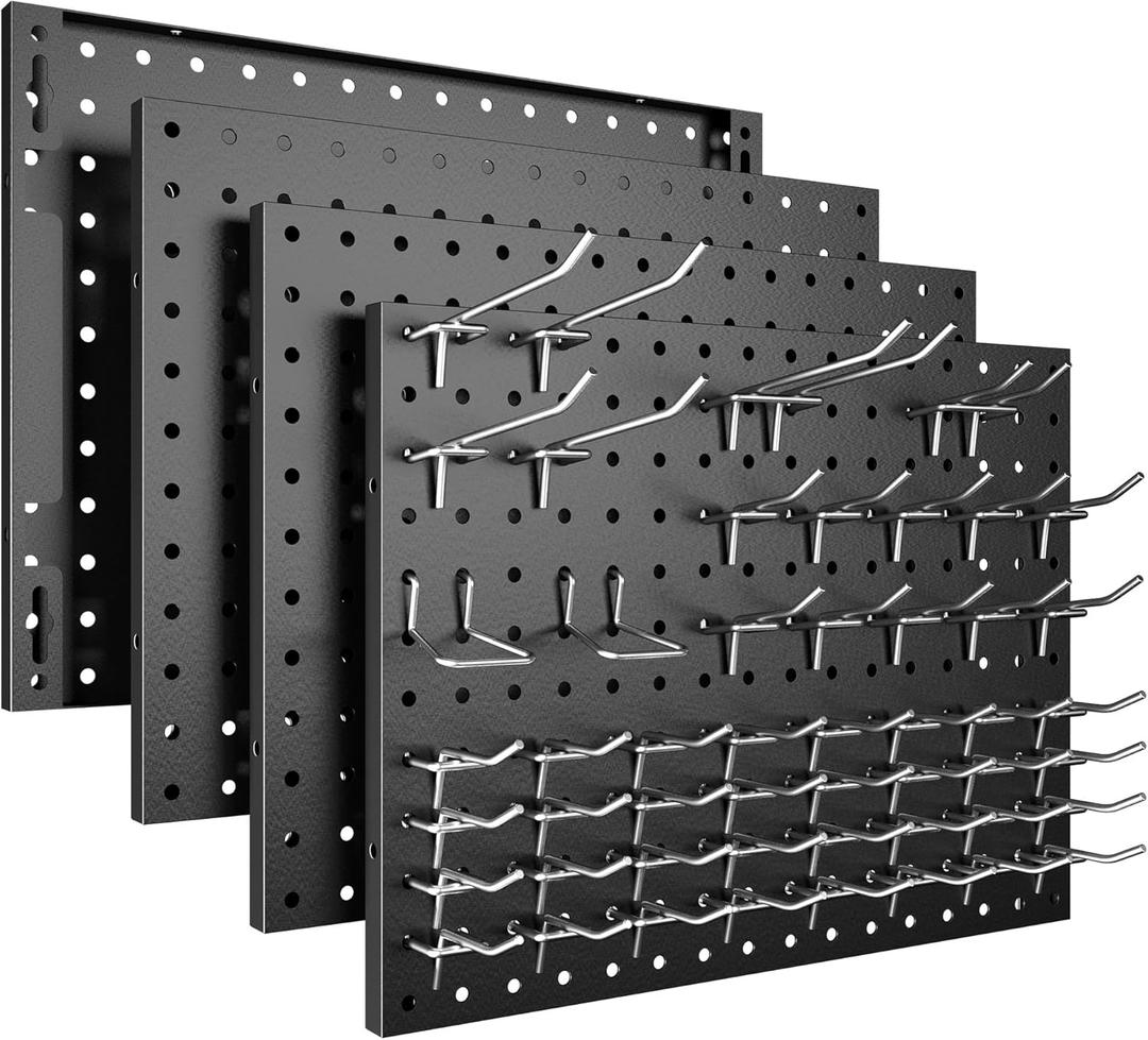 Peg Board, 4 Pack Metal Pegboard Panels with 50 Hooks, Black Pegboards Wall Organizer, Heavy Duty Peg Board for Walls Home, Garage Tool Storage, Office Organization, Craft Room, Kitchen (16x12"- 4 Pcs)