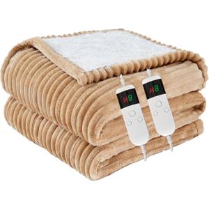 Heated Blanket Electric King, Soft Flannel Heating Blanket with 8 Hours Auto Off 10 Fast Heating Levels Machine Washable Sherpa Heated Blanket with Overheating Protection (Khaki)