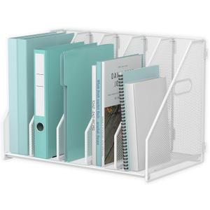 Desk File Organizer Metal Desk Magazine Folder Holder with 5 Vertical Compartments Rack File Organizer for Office, Home, School (White)