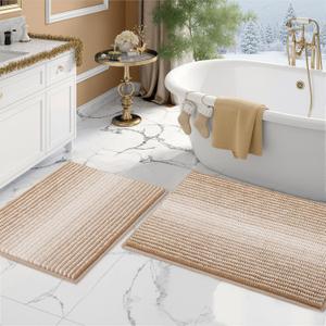 BSICPRO Bathroom Rugs and Mats Sets, 2 Piece Thick Absorbent Chenille Bath Mat Rug Set Non Slip, Soft Shaggy Bath Room Floor Mats for Bathroom, Machine Washable (20" x 32" Plus 16" x 24", Beige)