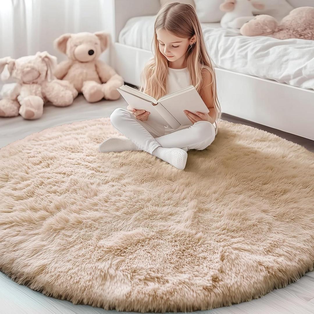 OLANLY Beige Round Rugs for Bedroom - Machine Washable, 5 ft Circle Area Rugs for Living Room, Soft and Fluffy Shaggy Carpet for Teen Girls and Boys, Nursery Rooms, Dorms, Home Decor Aesthetic