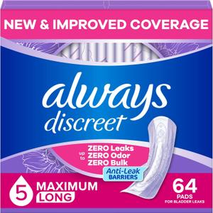 Always Discreet Adult Incontinence Pads for Women, Drier, 5 Drop Long Length, Heavy Absorbency, Pads for Bladder Control Management, Bladder Leaks, & Postpartum Pads, 64ct
