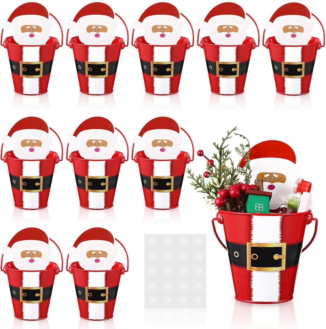 10 Pcs Metal Christmas Buckets with Handle 4.5x4.5x2.8inch Small Red Santa Belt Buckets with Santa Shape Cards Candy Drink Ice Small Pails for Xmas Winter Holiday Party