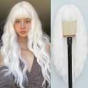 NAYOO Wig with Bangs Long White Natural Wavy Synthetic Wigs for Women 26 Inches Long Heat Resistant Fiber Wigs for Cosplay Party Use/Halloween UseWhite