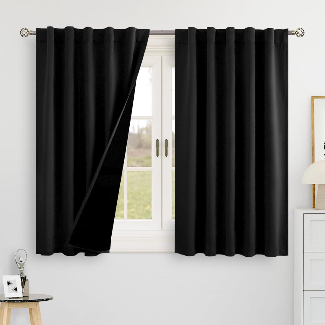 BGment Halloween Black 100% Blackout 48 Inch Curtains for Small Window, Rod Pocket and Back Tab Double Layer Black Out Thermal Insulated Room Darkening Curtain for Kitchen, 2 Panels, Each 42 x 48 Inch (42"W x 48"L (Pack of 2))