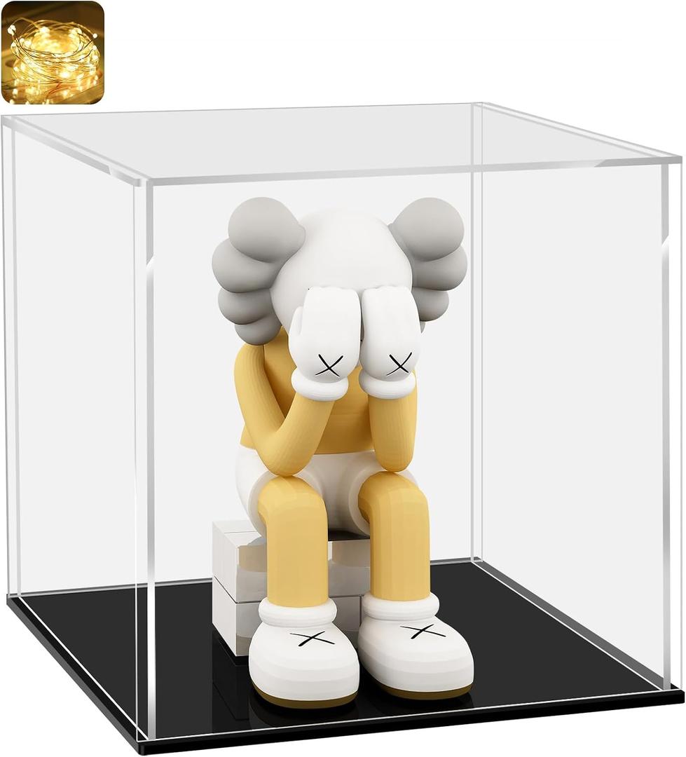 LANSCOERY Acrylic Display Case, 8x8x8 in, Upgraded Thickened UV-Resistant Showcase, 98% Clarity Dustproof Box with Glossy Black Base for Action Figures, LEGO & Models, Includes Scraper & LED Light