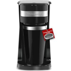 Elite Gourmet EHC113 Personal Single-Serve Compact Coffee Maker Brewer Includes 14Oz. Stainless Steel Interior Thermal Travel Mug, Compatible with Coffee Grounds, Reusable Filter, Black
