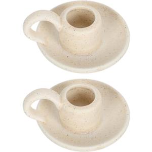 DOITOOL Beige Ceramic Candle Holders with Handle, Decorative Candlestick Holders Set of 2 Nordic Style Taper Candle Holders for Home Wedding Party, Anniversary Housewarming (7 x 5 cm)