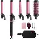 5 in 1 Automatic Rotating Curling Iron Set, CrazyMar Curling Wand Set - 5 Barrels (3/4,1,1/4 Inch) Dual Voltage Curling Wand for Professional Hair Styling, Travel, Ceramic Coating(Hot Pink)