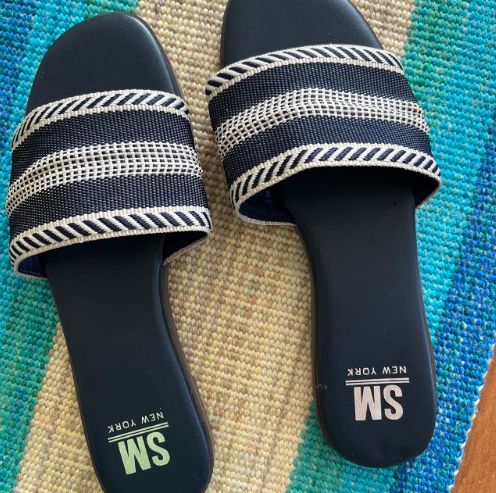 SM New York Navy And White Striped Sandals, Size 9