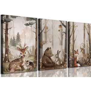 3Pcs Woodland Nursery Canvas Wall Art Cute Neutral Vintage Forest Wild Animals Bear Deer Fox Landscape Watercolor Painting Picture Wall Decor Poster Print Artwork for Baby Kids Room (12x16in)
