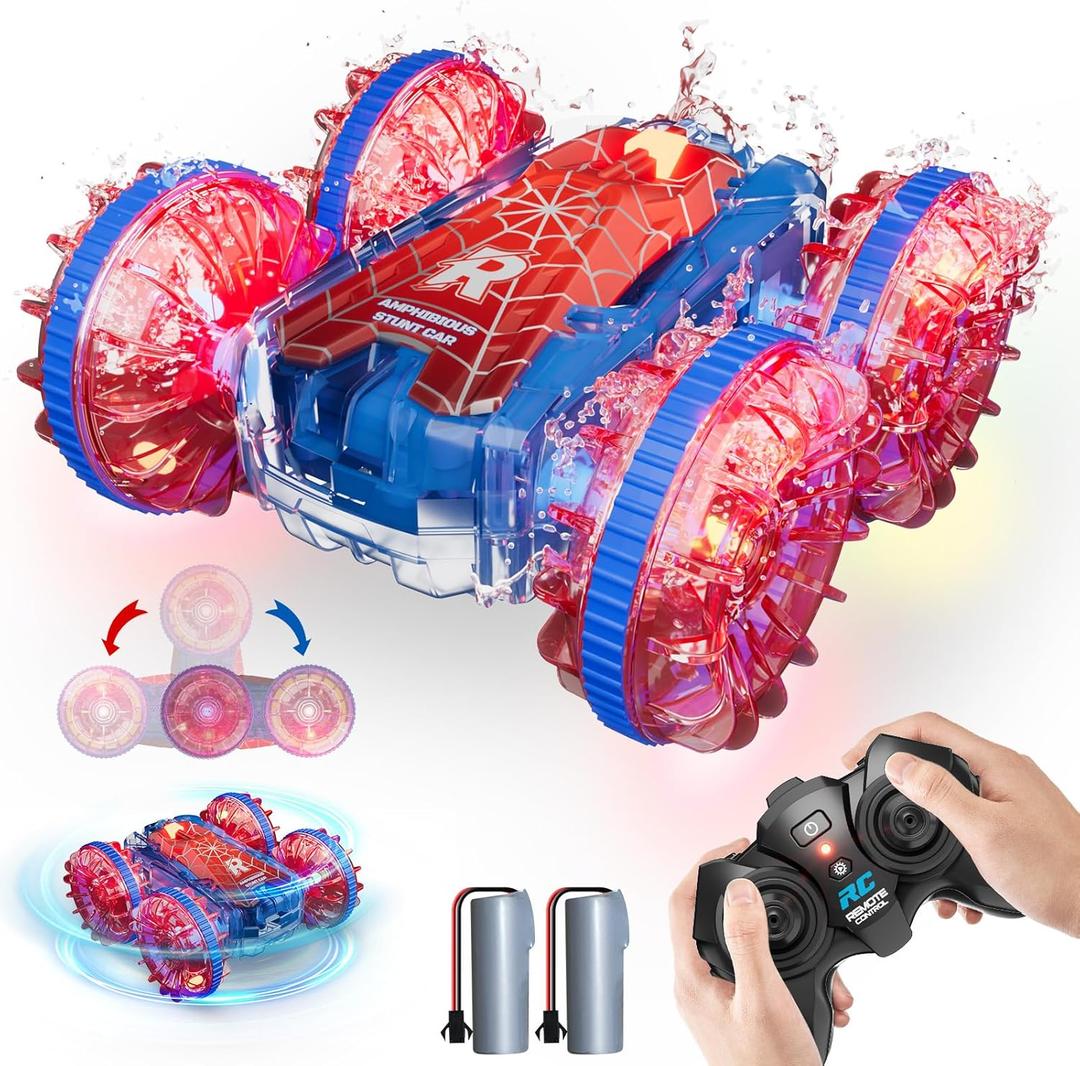 Waterproof RC Cars for Kids with LED Lights, Remote Control Car for Boys Age 4-7 8-12 4-8, Amphibious 4WD Stunt Car Swimming Pool Outdoor Water Toy with 70/36Mins Play,360Rotation,180 Flip,2.4GHz (Multicolor)