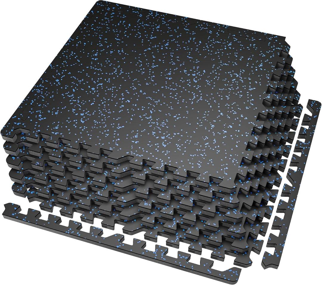 SUPERJARE 0.56'' Thick 6 Pcs 24 Sq Ft Rubber Top Exercise Equipment Mats, High Density EVA Foam Mats with Rubber Top, Interlocking Gym Flooring for Home Gym, Protective Workout Mat, Black/Blue