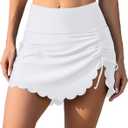 ALove Womens High Waisted Split Swim Skirt Sporty Drawstring Skirted Swim Bottom with Built-in Panty (Large, Scalloped White)