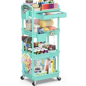 4 Tier Rolling Utility Cart with Drawer, Storage Organizer Cart with 2 Lockable Wheels, Multifunctional Rolling Storage Cart for Bathroom, Kitchen, Craft, Makeup, Baby Essentials, Blue 4 Tier Rolling Utility Cart with Drawer, Storage Organizer Cart with 2 Lockable Wheels, Multifunctional Rolling Storage Cart for Bathroom, Kitchen, Craft, Makeup, Baby Essentials, Blue
