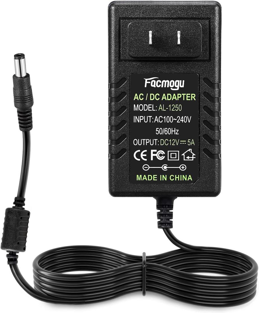 Facmogu 12V 5A Power Supply Adapter, Wall Adapter with 150cm/ 4.92 Feet Long Cable, Wall Plug Transformers AC 100-240V to DC 12V Converter Available 5.5mm x 2.5mm & 2.1mm Output Jack for CCTV