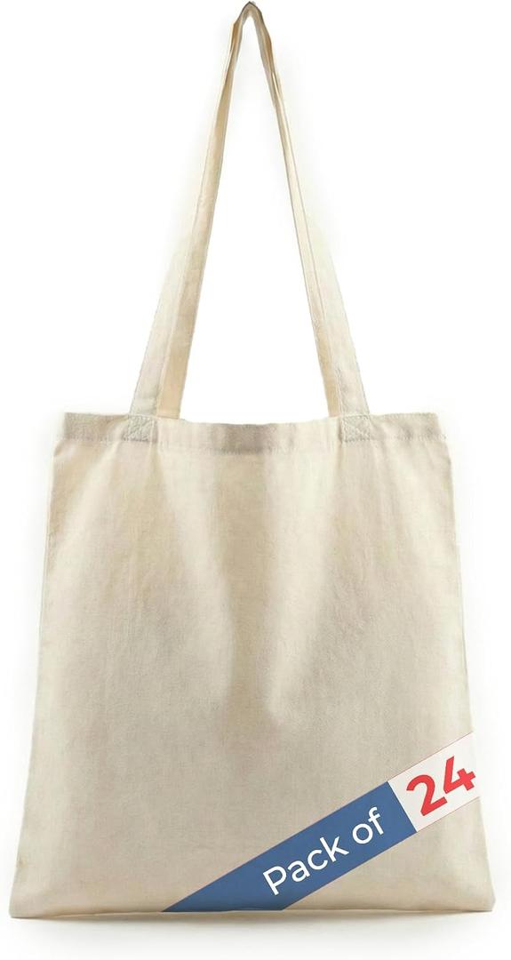 Pack Of 24 Cotton Grocery Bags With Pockets - Shoulder Straps - Foldable - Washable Heavy Duty Tote | [201000700] Beige, 15 * 15