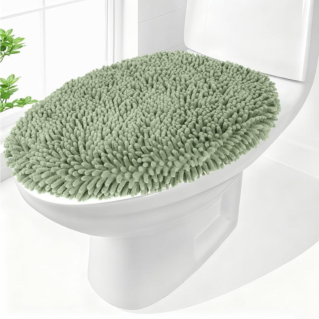 Chenille Elongated Toilet Seat Cover 19.5"x 15" Machine Washable Solid Toilet Lid Cover Adjustable Rubber Backing Fits Only 18-19.5" L x 14-16" W Elongated Toilet Seat (Sage Green)