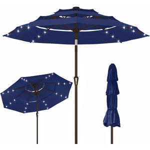 Kingdura 9ft 3-Tier Patio Umbrella with Solar Lights, Table Umbrella Outdoor Patio with Easy Crank & Tilt, 8 Sturdy Ribs, UV Protection, 32 LED Lights for Deck, Poolside, Market (Navy blue)